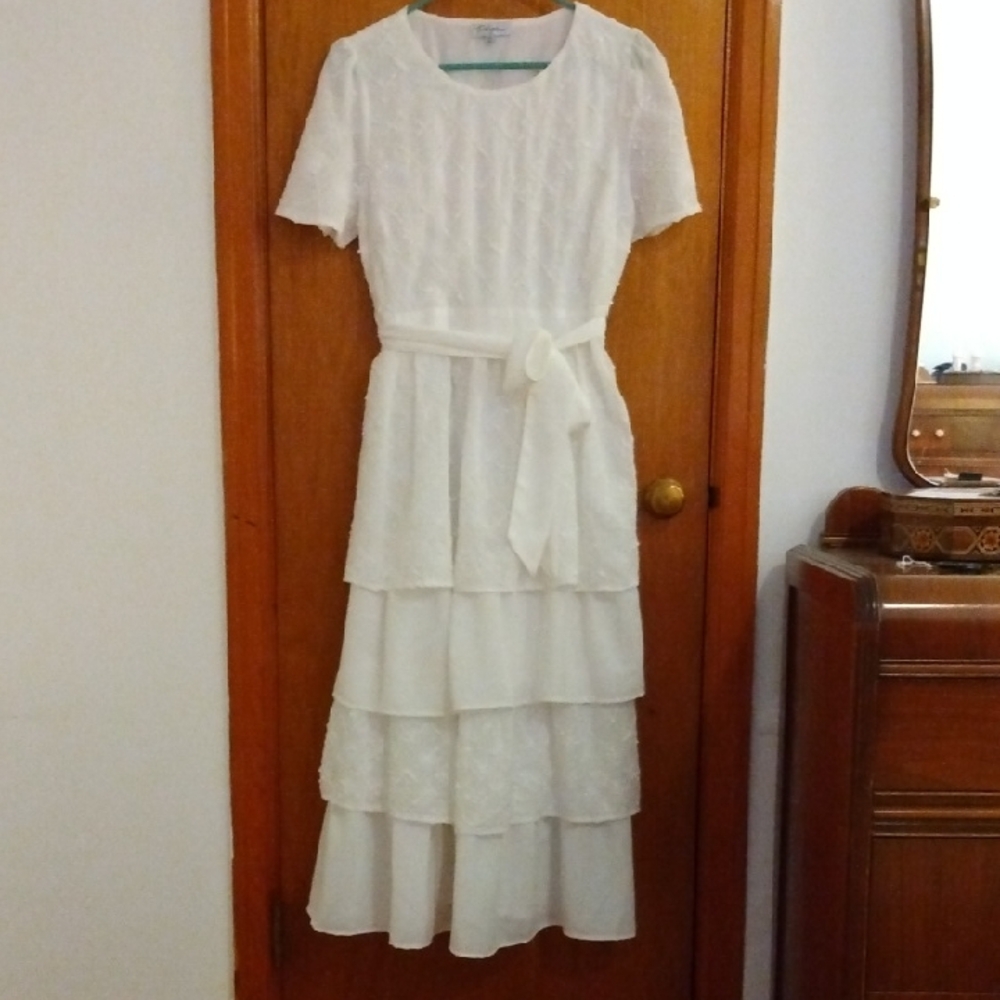 Polagram White Tiered Midi Dress